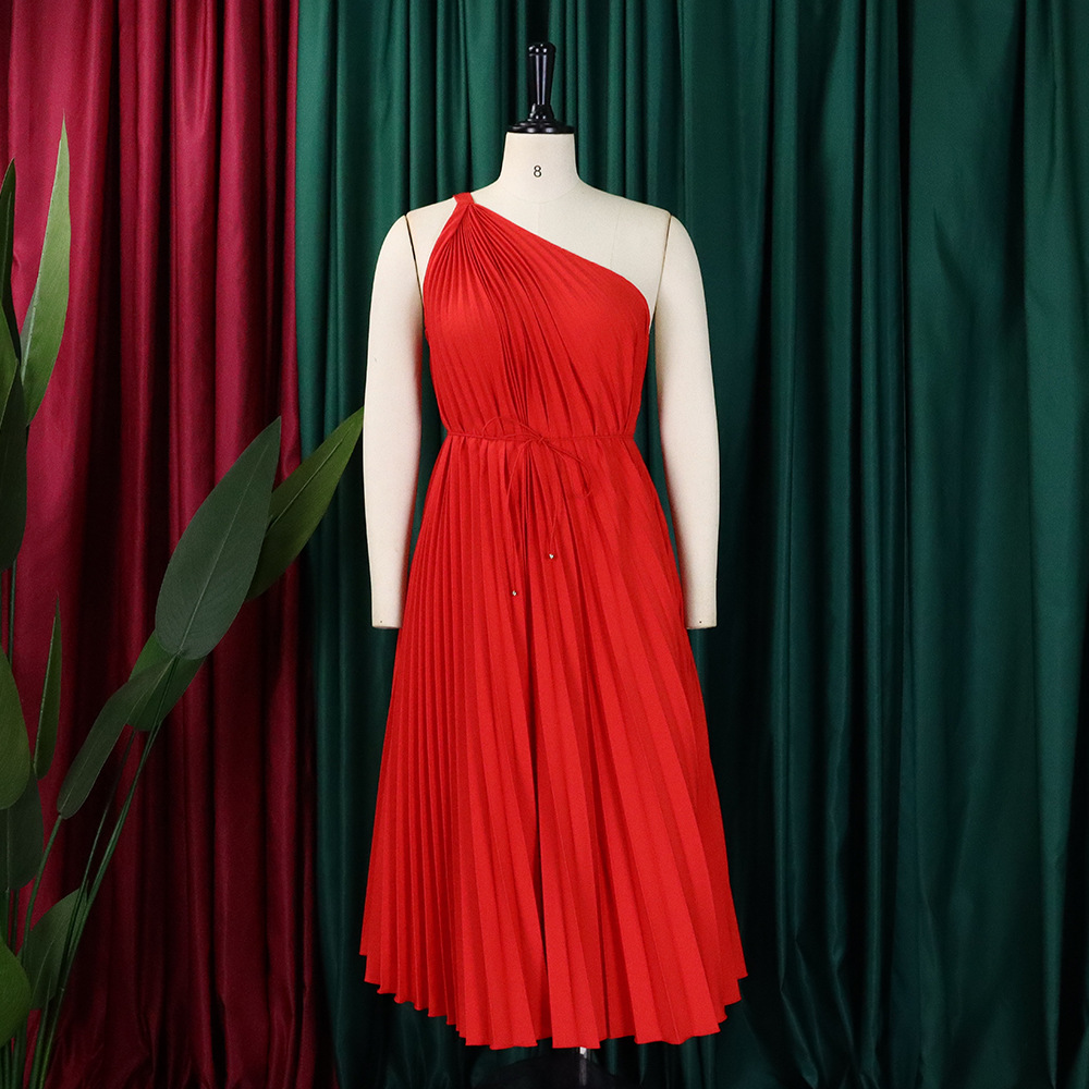 CM.YAYA Women One Shoulder Sleeveless Big Swing Pleated Knee Length Dress 2023 Fashion Street Vestidos Sexy Chic Dresses – Image 18