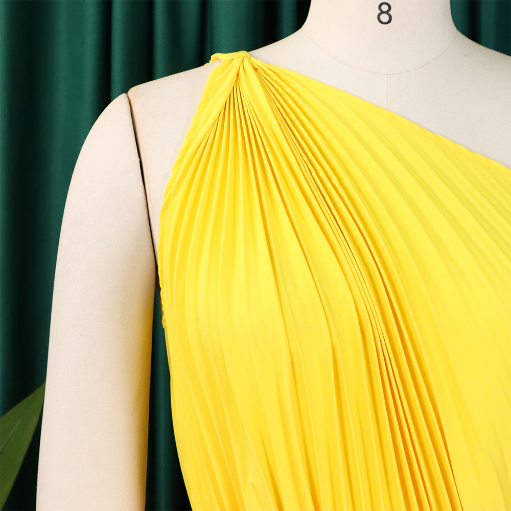 CM.YAYA Women One Shoulder Sleeveless Big Swing Pleated Knee Length Dress 2023 Fashion Street Vestidos Sexy Chic Dresses – Image 15