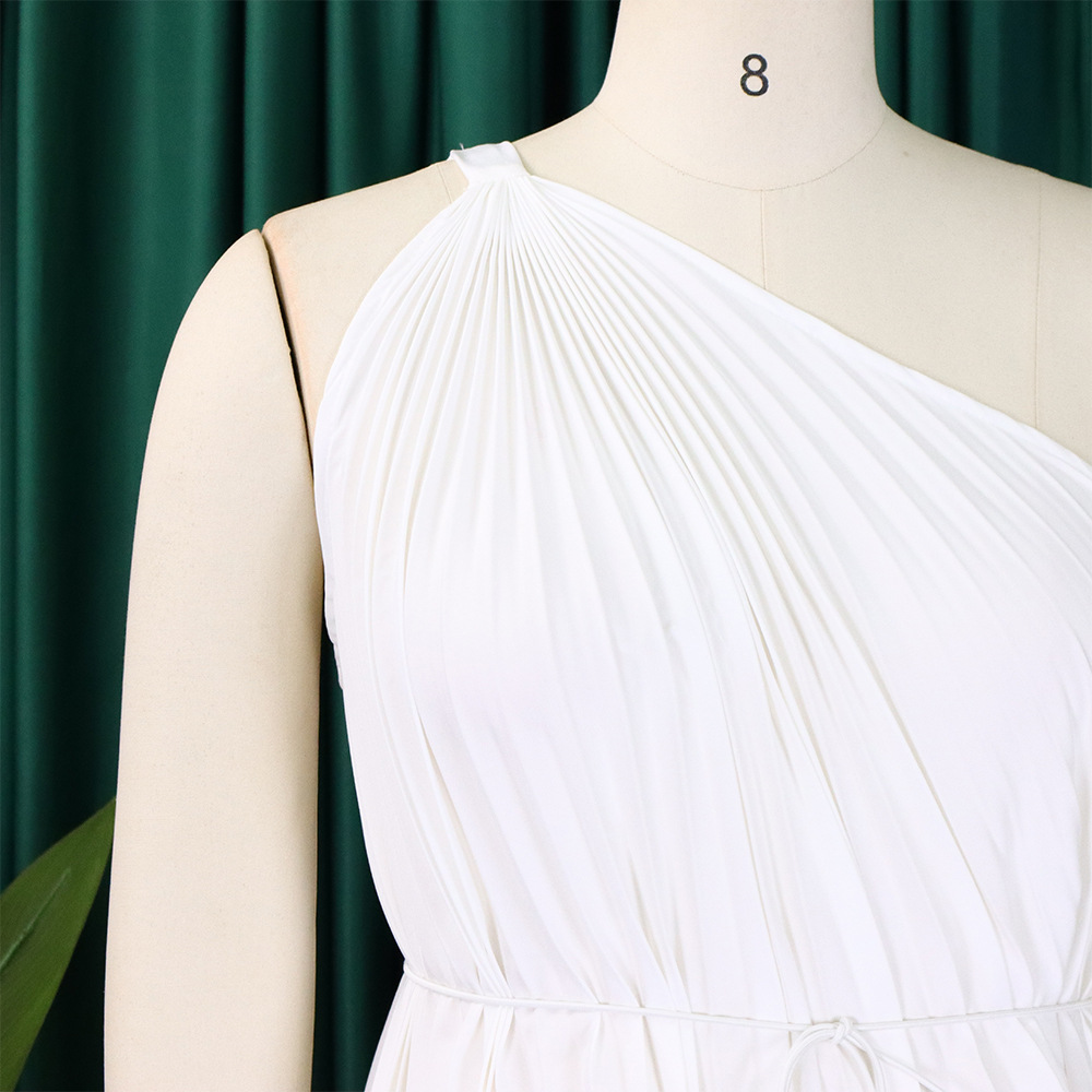 CM.YAYA Women One Shoulder Sleeveless Big Swing Pleated Knee Length Dress 2023 Fashion Street Vestidos Sexy Chic Dresses – Image 27