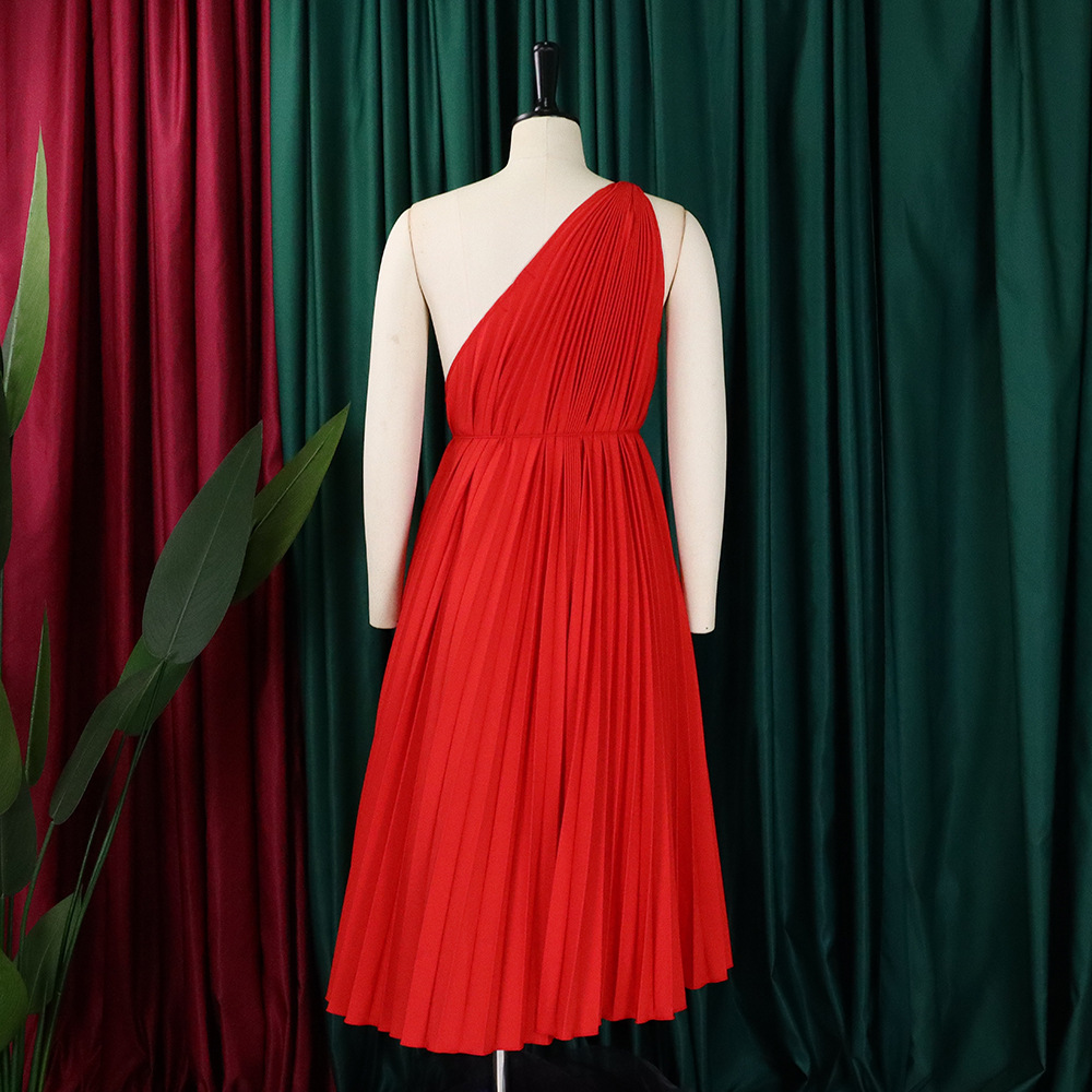 CM.YAYA Women One Shoulder Sleeveless Big Swing Pleated Knee Length Dress 2023 Fashion Street Vestidos Sexy Chic Dresses – Image 20