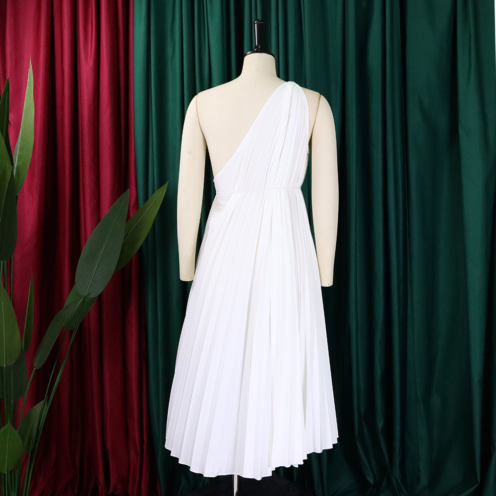 CM.YAYA Women One Shoulder Sleeveless Big Swing Pleated Knee Length Dress 2023 Fashion Street Vestidos Sexy Chic Dresses – Image 26