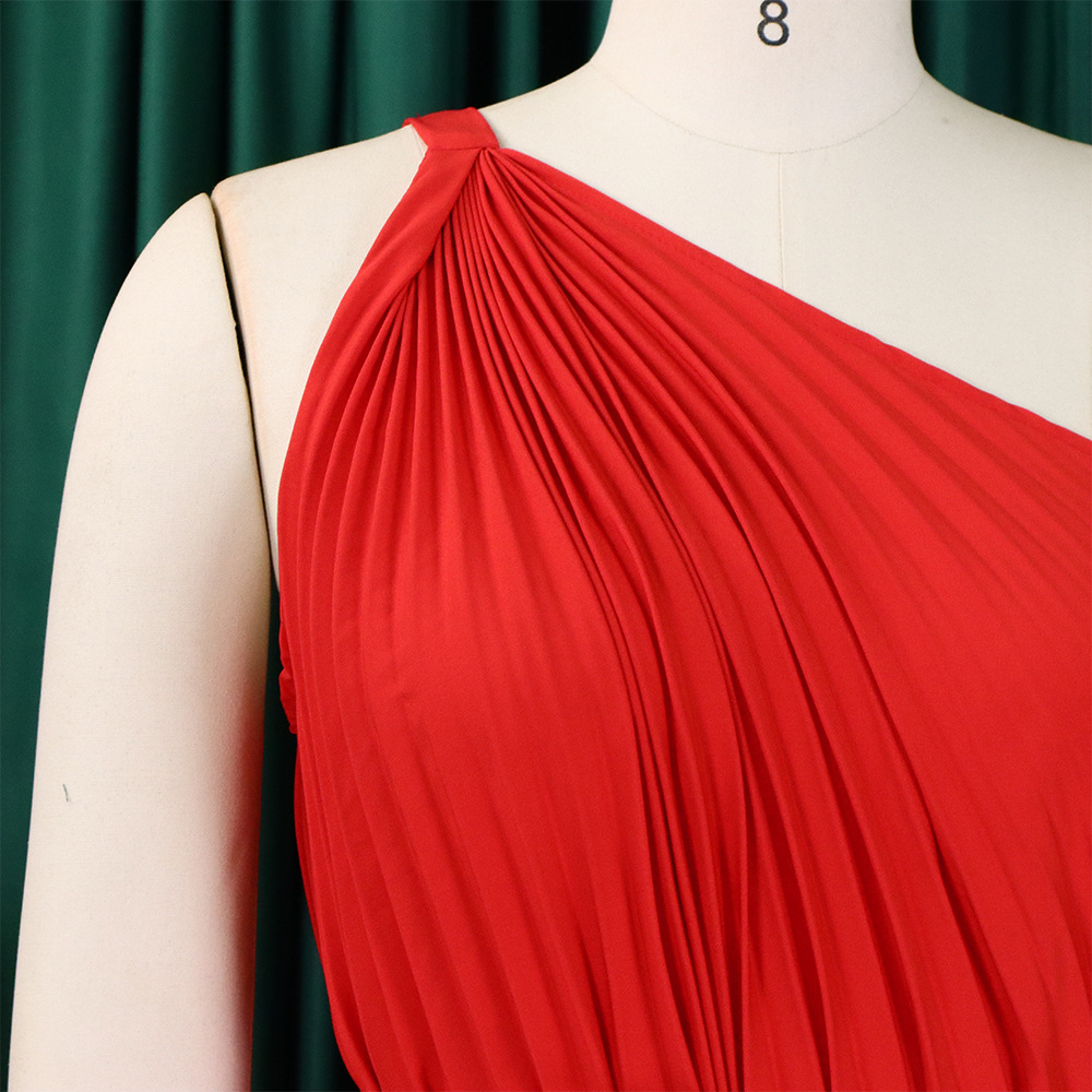 CM.YAYA Women One Shoulder Sleeveless Big Swing Pleated Knee Length Dress 2023 Fashion Street Vestidos Sexy Chic Dresses – Image 21