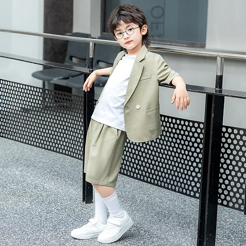 Boys Casual Suit Set Summer Short Sleeve Blazer Shorts 2-piece School Teens Kids Performance Outfit Flower Child Wedding Costume – Image 6