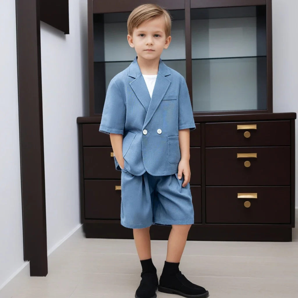 Boys Casual Suit Set Summer Short Sleeve Blazer Shorts 2-piece School Teens Kids Performance Outfit Flower Child Wedding Costume – Image 2