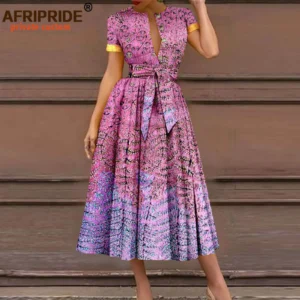 African Dresses for Women Short Sleeve High Waist Elegant Print Casual Outfits Midi Dress Dashiki Attire with Belt A2325003