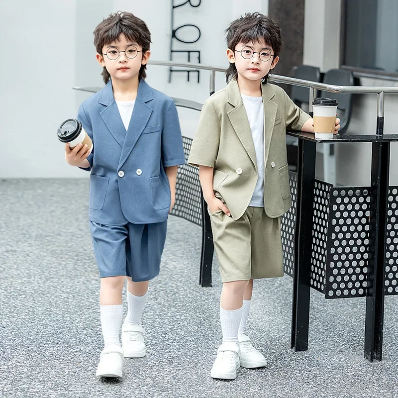 Boys Casual Suit Set Summer Short Sleeve Blazer Shorts 2-piece School Teens Kids Performance Outfit Flower Child Wedding Costume – Image 5