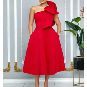 CM.YAYA Women Big Bow Shoulder Skew Collar Big Swing Knee Length Dress 2025 Belt Street Vestidos Sexy Party Evening Chic Dresse