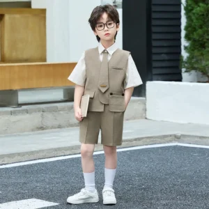 Teen Boys Summer Formal Suit Set Kids Gentleman Outfit for Wedding Ring Bearer Birthday Party Short Sleeve Shirt Vest Shorts