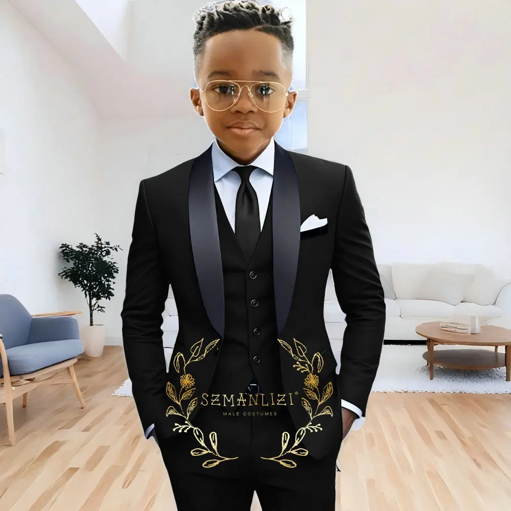Formal Navy Blue Boys Suit Jacket Pants Vest 3 Piece Set Shawl Lapel Blazer for Kids Wedding Tuxedo Suits 2-16 Years Clothes – Image 2