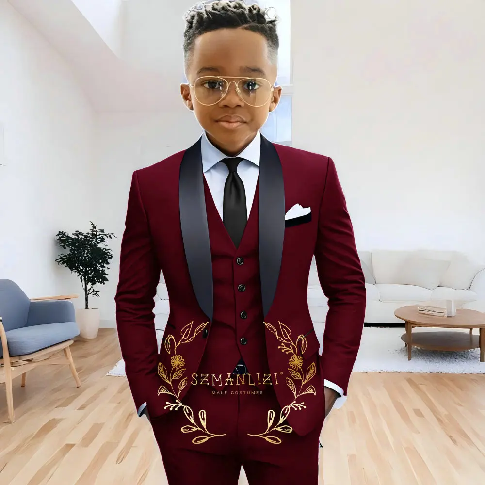 Formal Navy Blue Boys Suit Jacket Pants Vest 3 Piece Set Shawl Lapel Blazer for Kids Wedding Tuxedo Suits 2-16 Years Clothes – Image 3