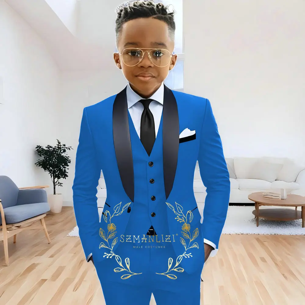 Formal Navy Blue Boys Suit Jacket Pants Vest 3 Piece Set Shawl Lapel Blazer for Kids Wedding Tuxedo Suits 2-16 Years Clothes – Image 8