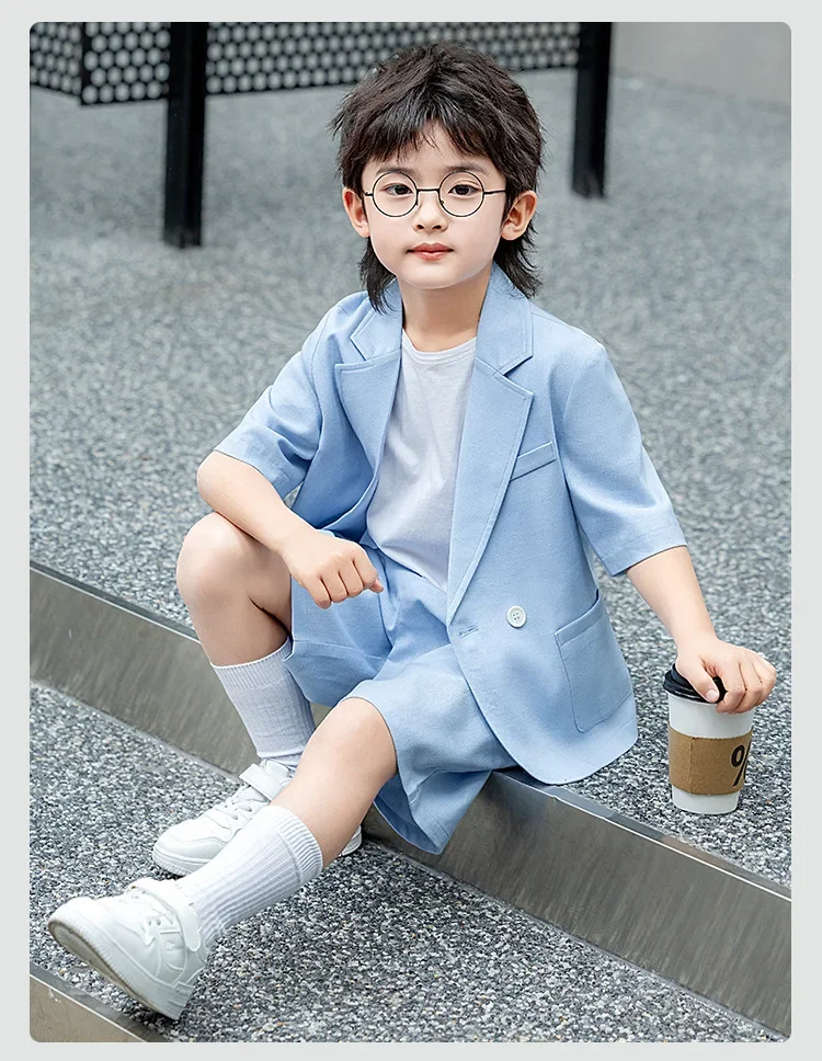 Boys Casual Suit Set Summer Short Sleeve Blazer Shorts 2-piece School Teens Kids Performance Outfit Flower Child Wedding Costume – Image 25