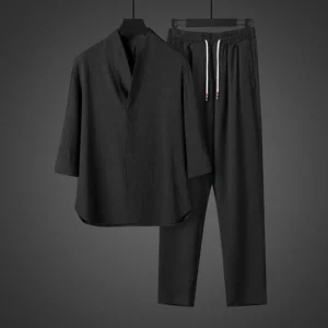 Spring Summer Thin Men Set Two Pieces Ice Silk V Neck Button Half Sleeve Tops Breathble Solid Color Pants Fashion Set