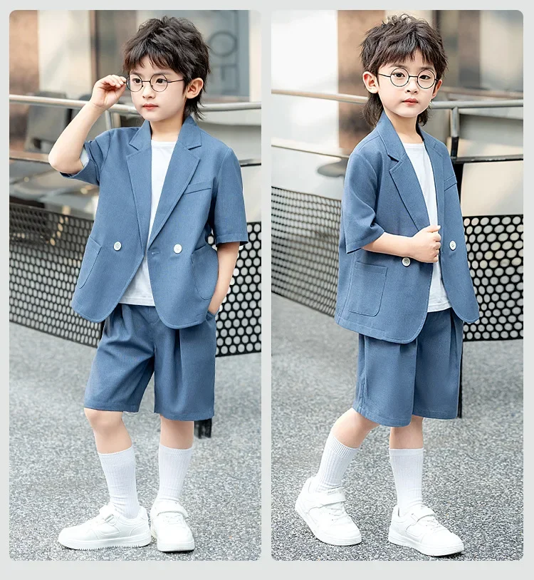 Boys Casual Suit Set Summer Short Sleeve Blazer Shorts 2-piece School Teens Kids Performance Outfit Flower Child Wedding Costume – Image 28