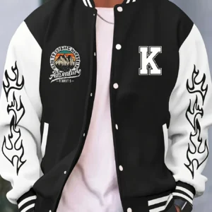 Men's printed design baseball jacket trendy and fashionable versatile jacket with letter K random printed jacket