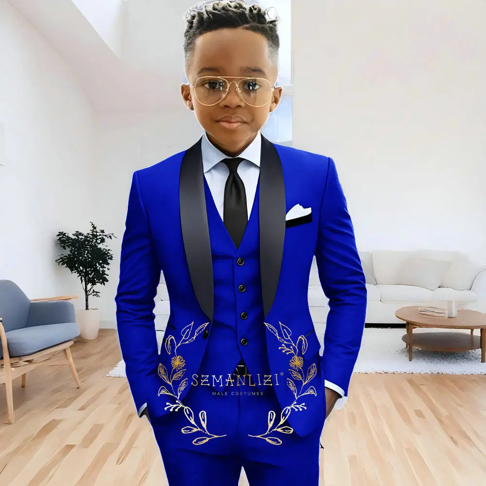 Formal Navy Blue Boys Suit Jacket Pants Vest 3 Piece Set Shawl Lapel Blazer for Kids Wedding Tuxedo Suits 2-16 Years Clothes – Image 5