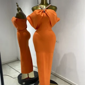 Women Luxury Orange Crystal Halter Off Shoulder Long Bandage Dress One Piece Celebrity Evening Club Party Dresses Wholesale