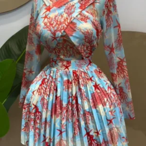 GLCMYAYA Women Leaf Print Long Sleeve O-neck Wrap Front Pleated Dress 2026 Elegant Romantic Vacation Party Birthday Dresses