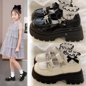 Girls Spring Autumn Fashion Leather Shoes Childrens Velcro Non-slip Casual Shoes Women Bow Thick Soled High Heels Elegant  Shoes