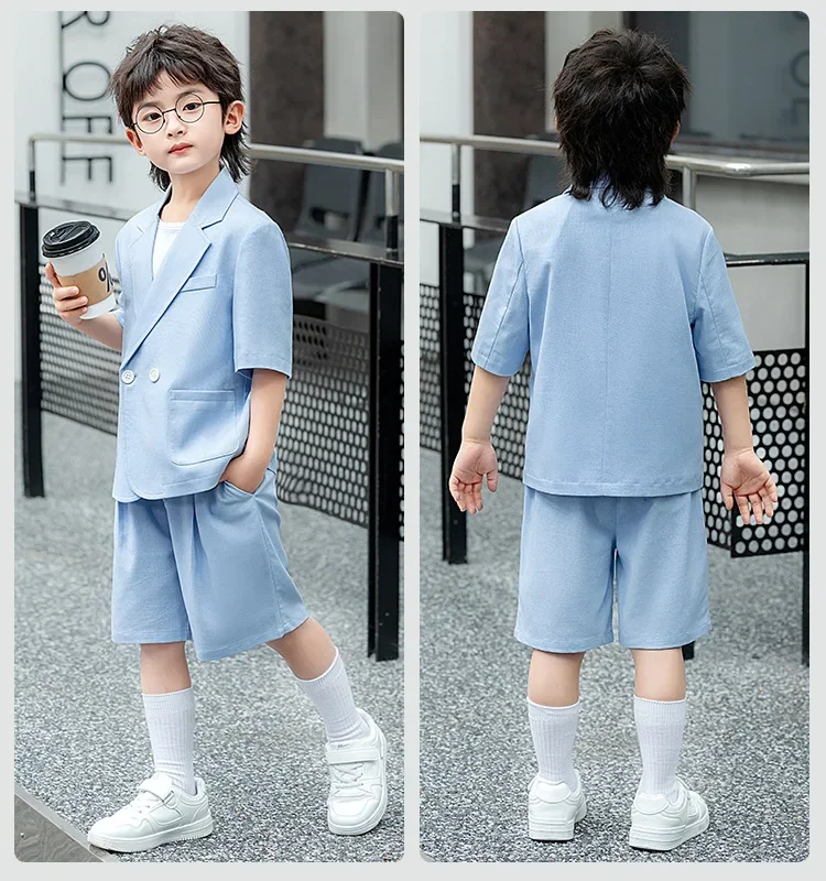 Boys Casual Suit Set Summer Short Sleeve Blazer Shorts 2-piece School Teens Kids Performance Outfit Flower Child Wedding Costume – Image 26