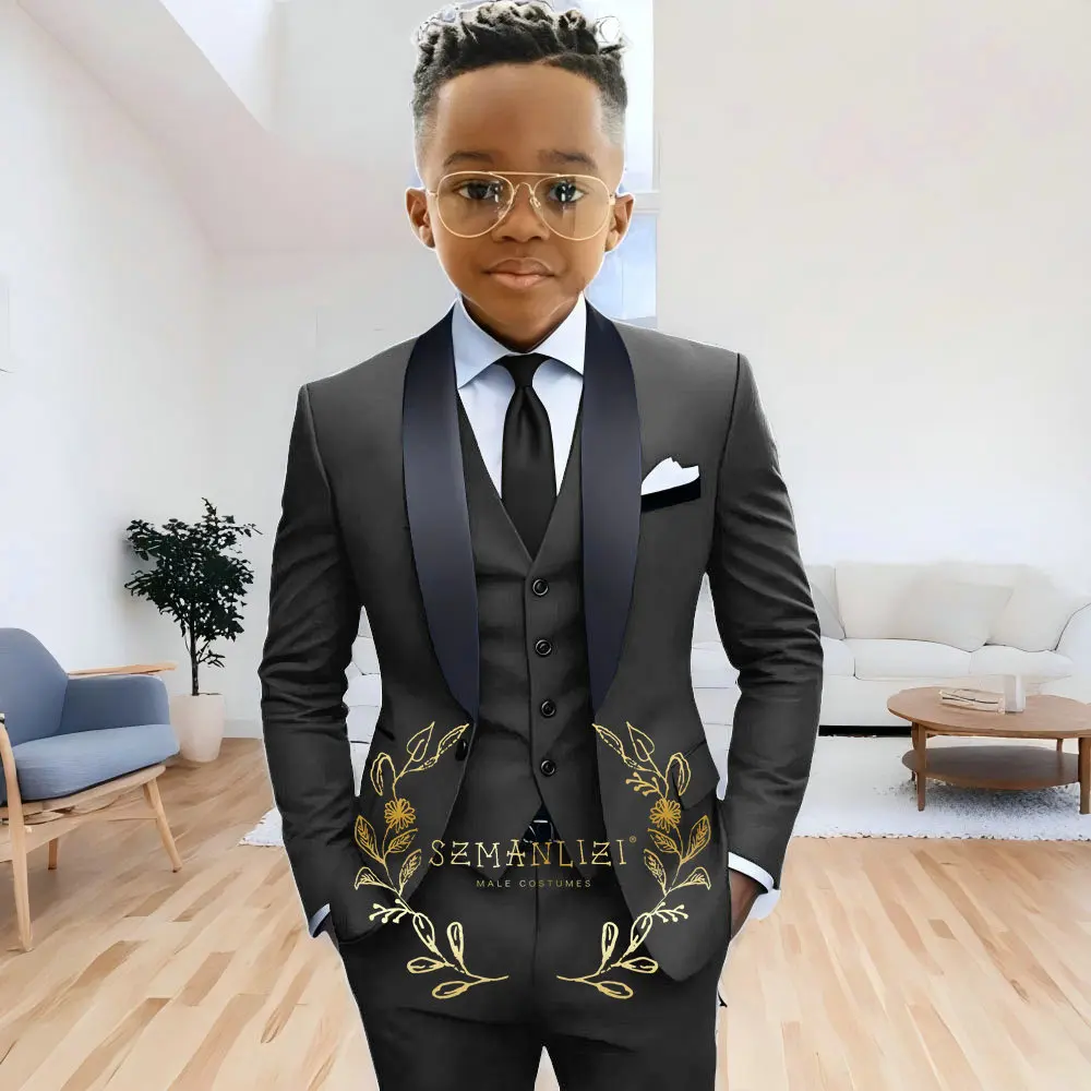 Formal Navy Blue Boys Suit Jacket Pants Vest 3 Piece Set Shawl Lapel Blazer for Kids Wedding Tuxedo Suits 2-16 Years Clothes – Image 20