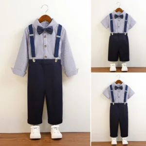 Boys Suit Spring Summer 2026 New Korean Striped Suspender Trousers 2-piece Children Chorus Performance School Uniform Blazer Set