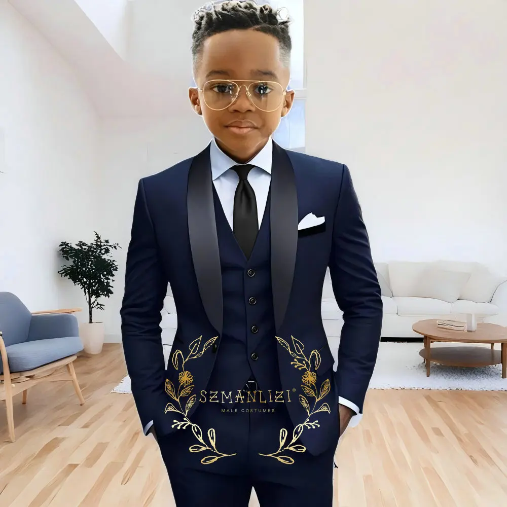 Formal Navy Blue Boys Suit Jacket Pants Vest 3 Piece Set Shawl Lapel Blazer for Kids Wedding Tuxedo Suits 2-16 Years Clothes