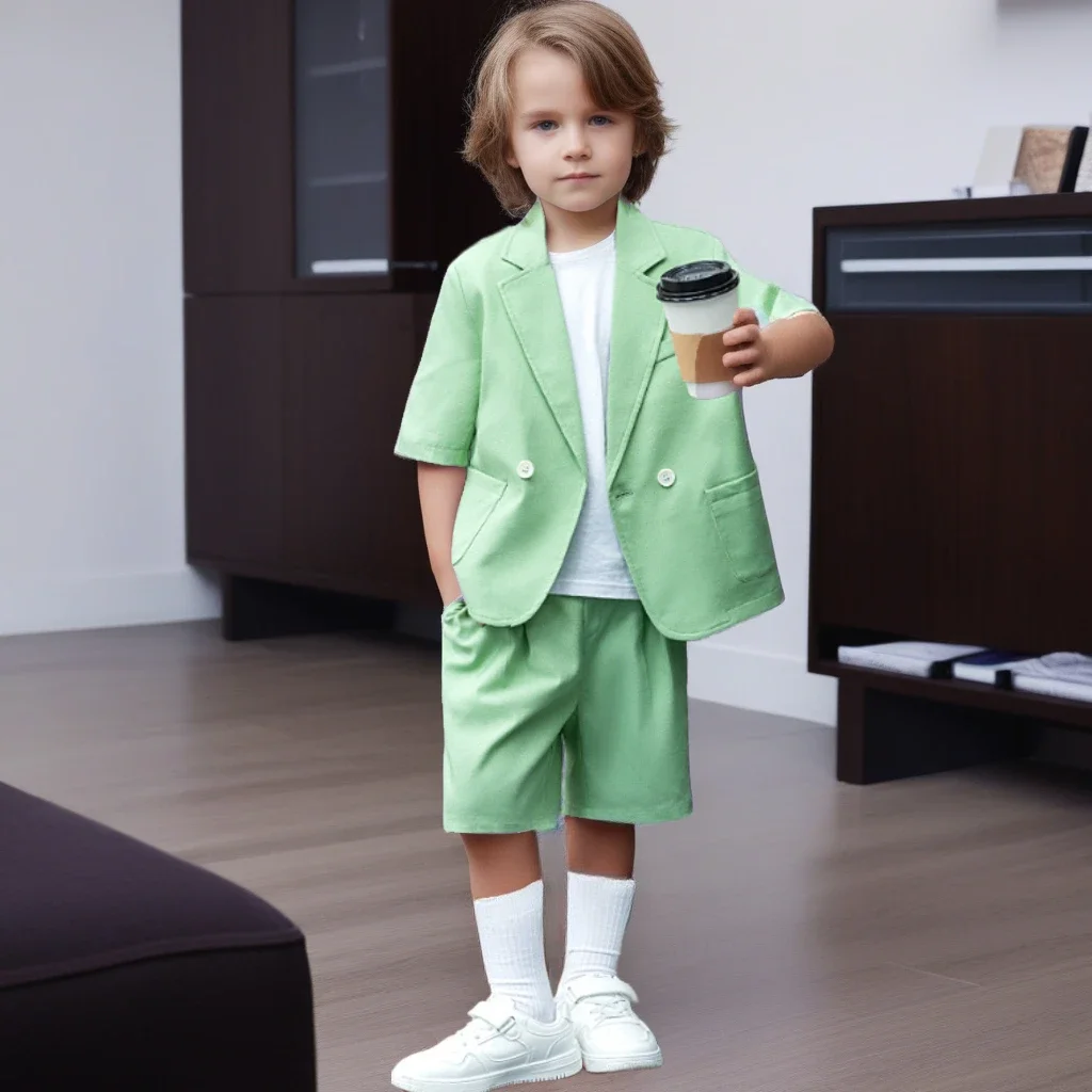 Boys Casual Suit Set Summer Short Sleeve Blazer Shorts 2-piece School Teens Kids Performance Outfit Flower Child Wedding Costume – Image 3