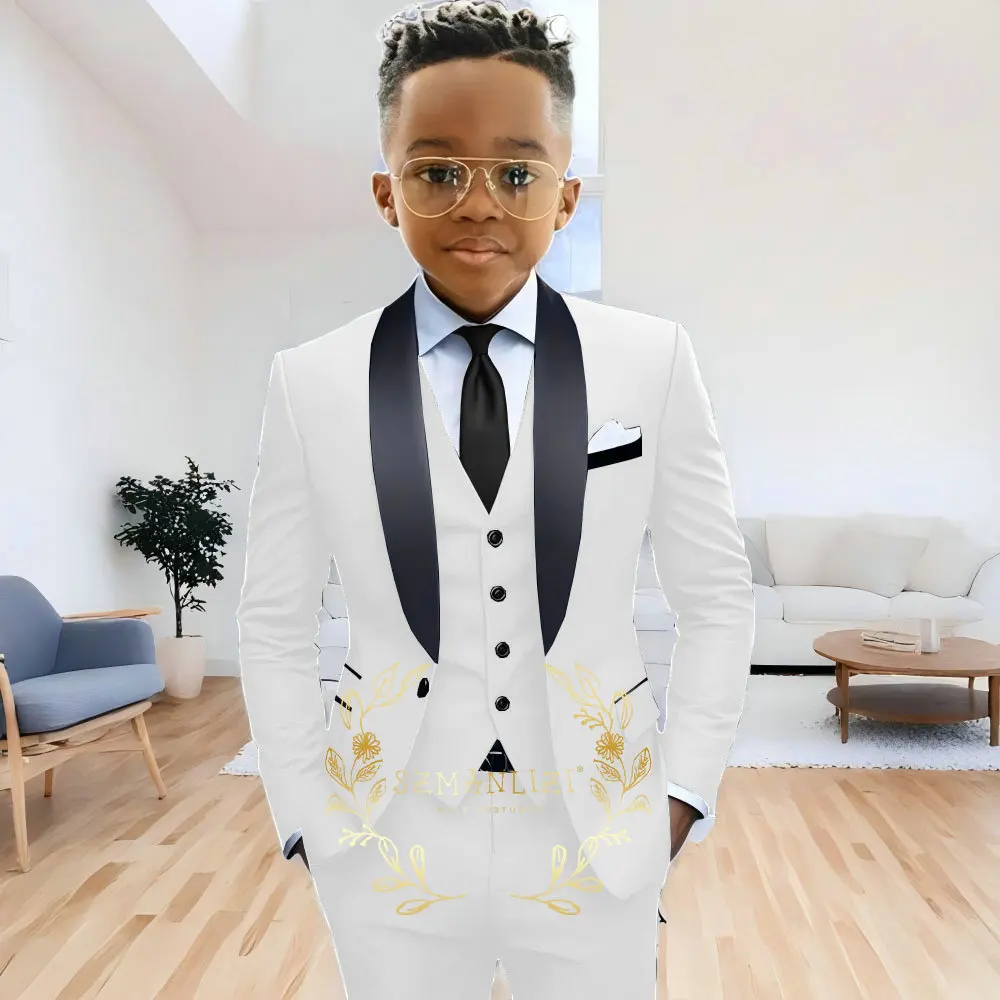 Formal Navy Blue Boys Suit Jacket Pants Vest 3 Piece Set Shawl Lapel Blazer for Kids Wedding Tuxedo Suits 2-16 Years Clothes – Image 6