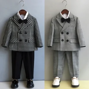 Boys Houndstooth Suit Autumn Spring Flower Child Wedding Piano Performance Party Costume Kids Jacket Pants Bwotie Clothes