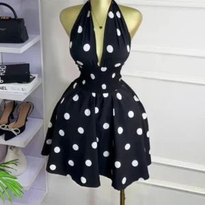 CM.YAYA Women Dot Printed Sleeveless Halter V-neck Big Swing A-line Mini Dress 2025 Summer Vacation Sexy Party Evening Dresses