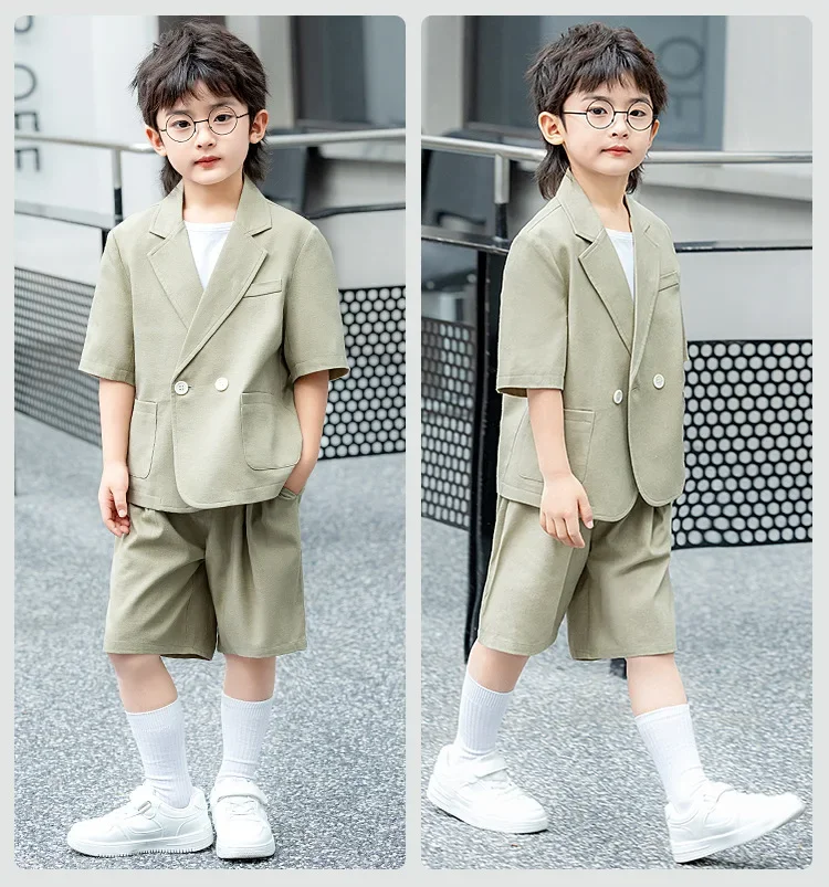 Boys Casual Suit Set Summer Short Sleeve Blazer Shorts 2-piece School Teens Kids Performance Outfit Flower Child Wedding Costume – Image 30