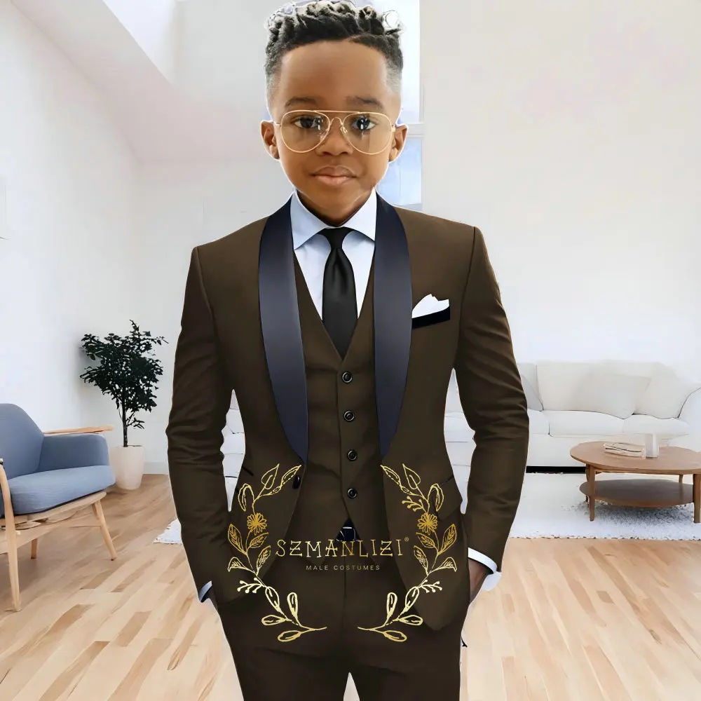 Formal Navy Blue Boys Suit Jacket Pants Vest 3 Piece Set Shawl Lapel Blazer for Kids Wedding Tuxedo Suits 2-16 Years Clothes – Image 7