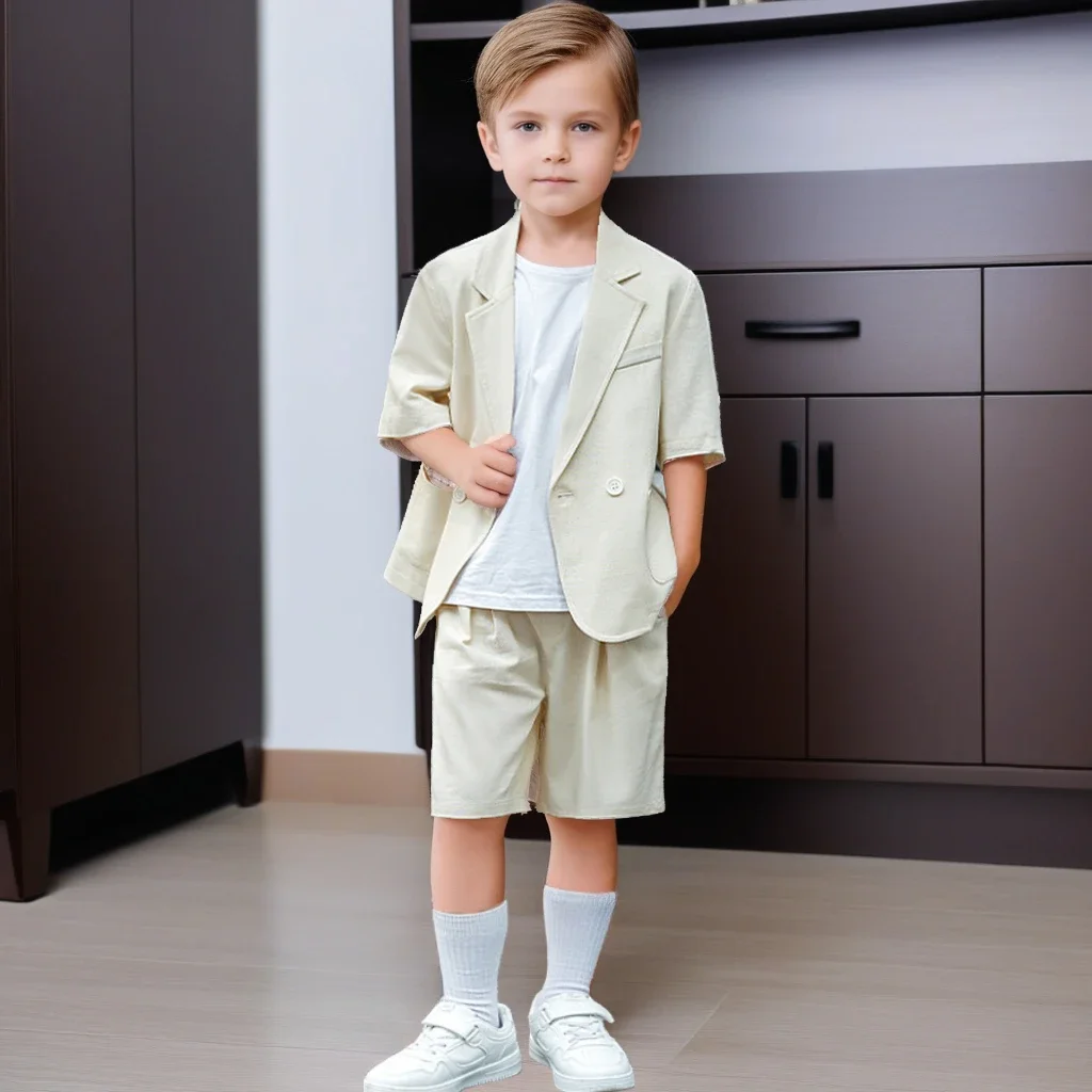 Boys Casual Suit Set Summer Short Sleeve Blazer Shorts 2-piece School Teens Kids Performance Outfit Flower Child Wedding Costume – Image 4