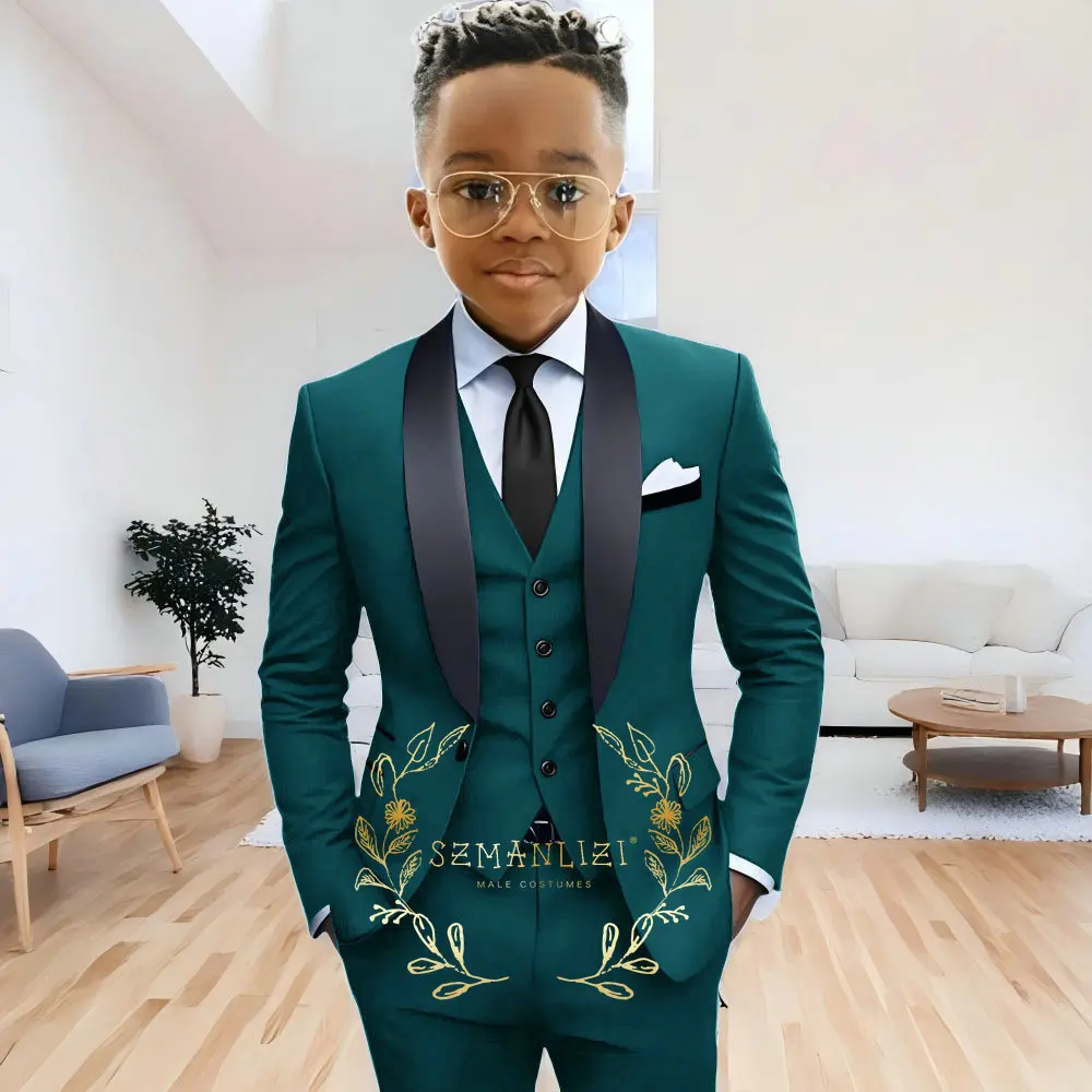 Formal Navy Blue Boys Suit Jacket Pants Vest 3 Piece Set Shawl Lapel Blazer for Kids Wedding Tuxedo Suits 2-16 Years Clothes – Image 21