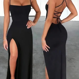 Women's slim-fit sexy high-slit cross-strap tie long dress, backless with strap design